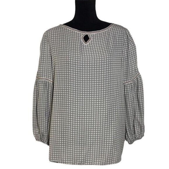 Max Studio Long Sleeve Print Keyhole Top in White/Black - Size Medium - Picture 1 of 8